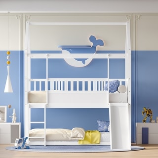 House Bunk Bed w/Convertible Slide & Ladder, Twin Over Twin, Safety Guardrail Included.