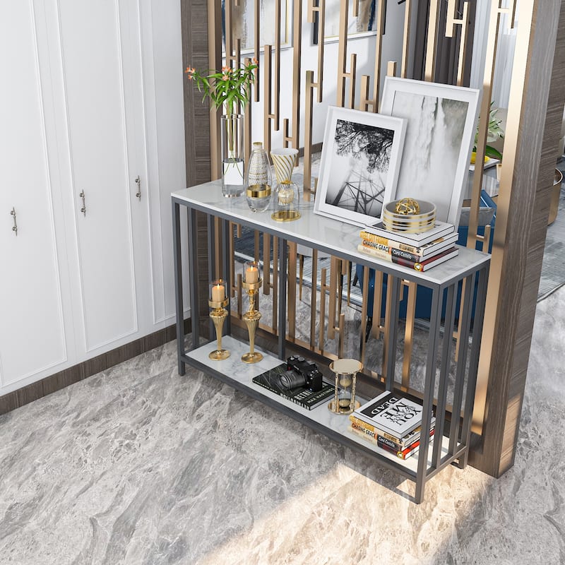 2 Tier Entryway Home Sofa Console Storage Table with Metal Black Frame