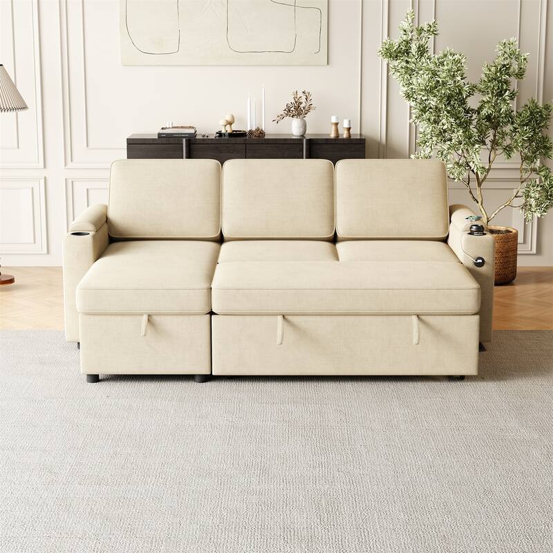85.8" 2 in 1 Pull Out Sleeper Sofa with Pull Out Bed and Charging Port - Beige