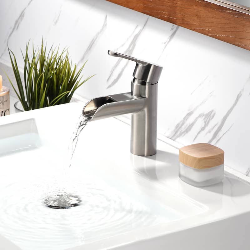 Luxier BSH16-S Waterfall Single Handle Single Hole Bathroom Faucet with Drain - Brushed Nickel