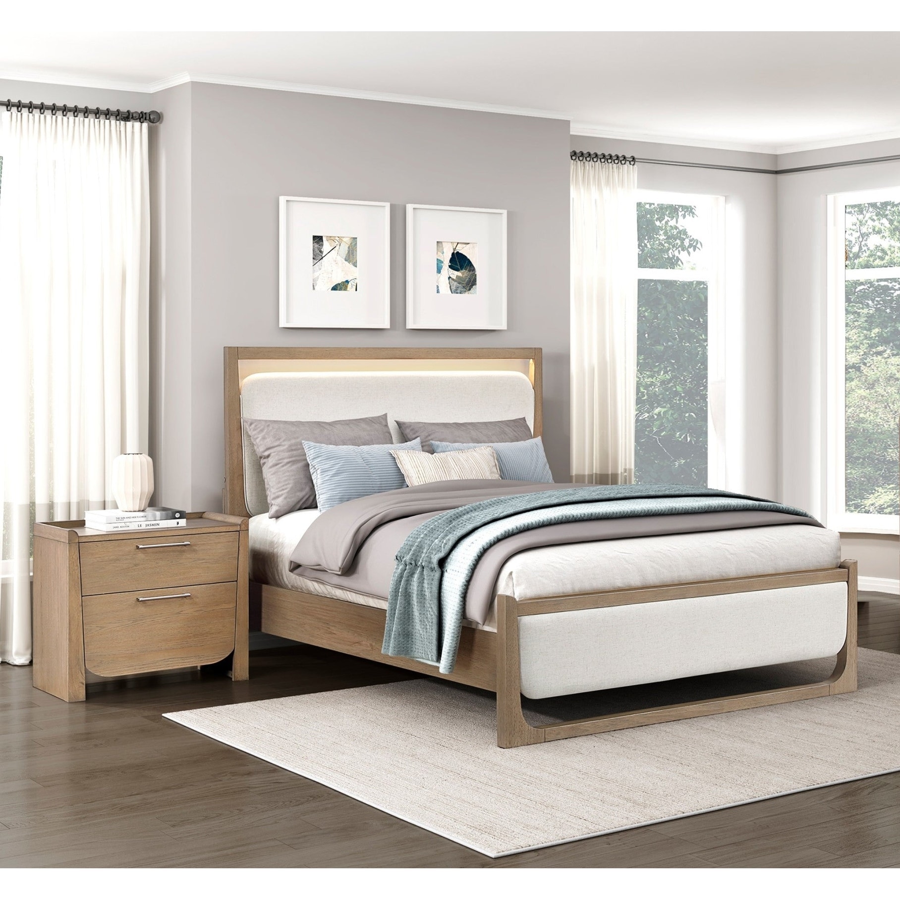 3pc Bedroom Set LED Headboard Bed and Two Nightstands Light Brown Finish Furniture