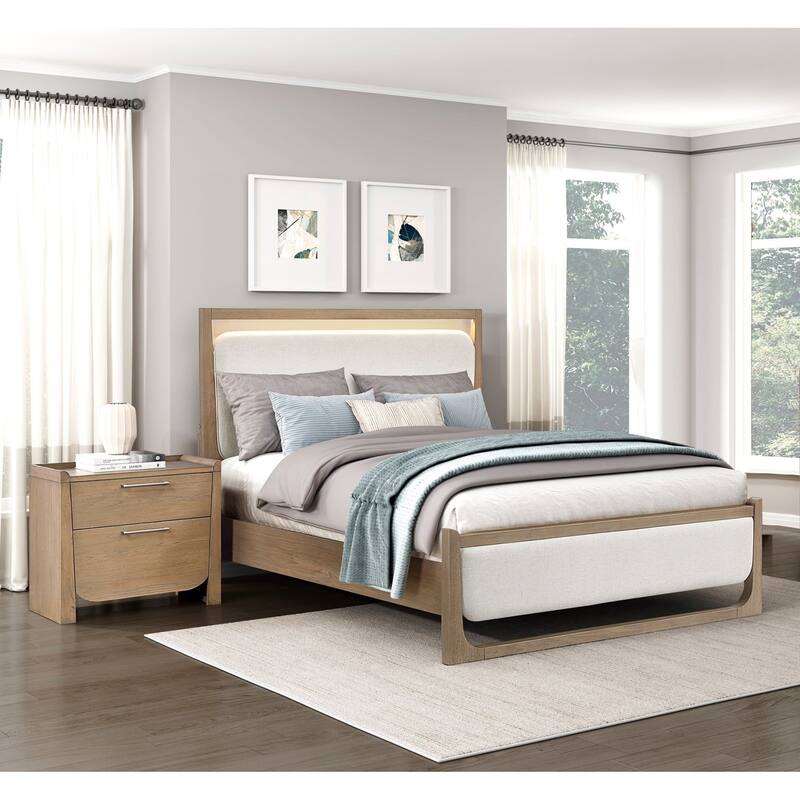 3pc Bedroom Set LED Headboard Bed and Two Nightstands Light Brown Finish Furniture