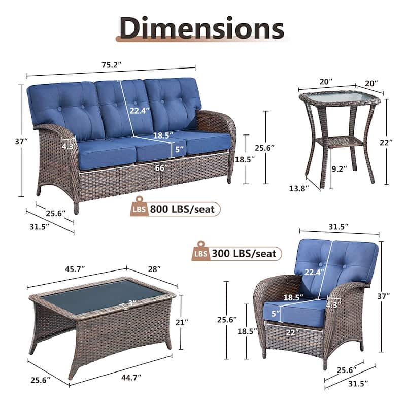 TWrap 5-Piece Patio Brown Wicker Sofa Conversation Set with 5-Inch Thick Cushions