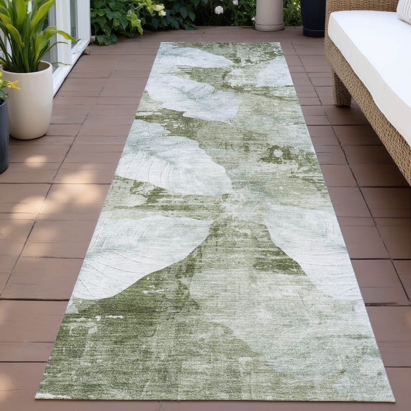 Machine Washable Indoor/Outdoor Modern Leaf Chantille Rug - Aloe - 2'3" x 7'6"