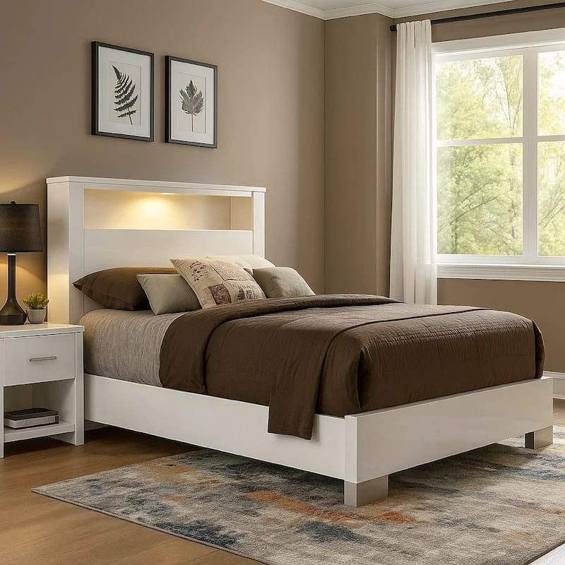 Modern Eastern King Size Bed with Shelved Headboard and LED Light, White