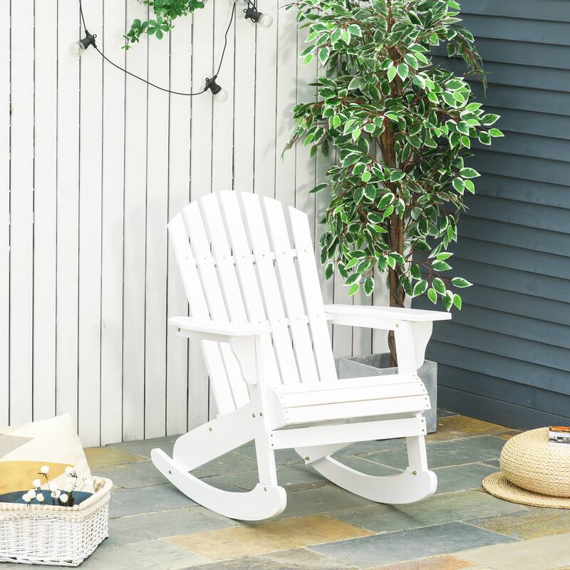 Outsunny Wooden Adirondack Rocking Chair with Slatted Wooden Design, Fanned Back, & Classic Rustic Style, Teak - White