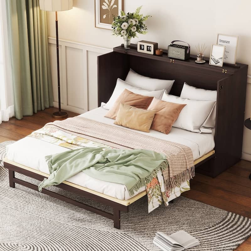 Pine Wood Cabinet Bed with Rattan Decoration and Storage Drawer