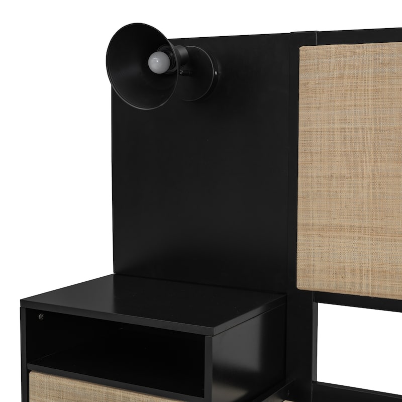Queen Size Platform Bed with 2 Nightstands and 2 Lamps, Wooden Bed Frame with Elegant Rattan Headboard and Wood Combination