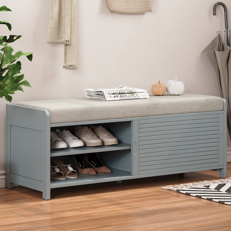 Shoe Bench with Storage and Cushion, Distressed Shutter Storage Bench - Grey