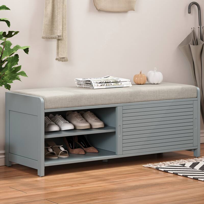 Shoe Storage Bench Entryway Bench with Cushion, Sliding Door