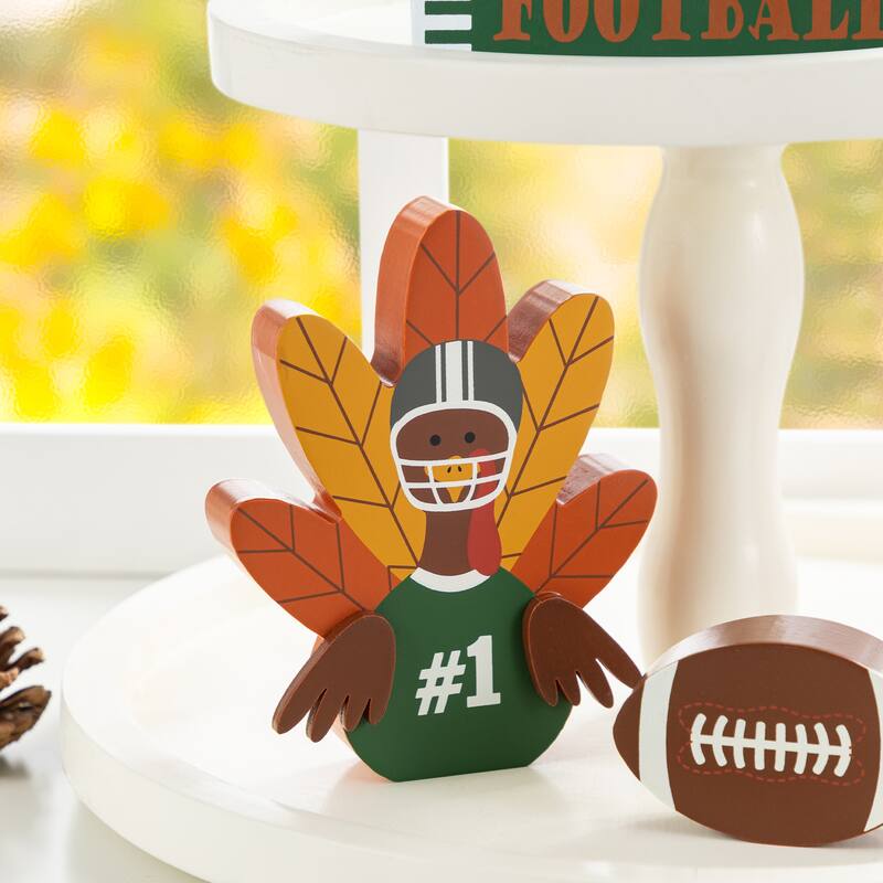 Glitzhome Thanksgiving Wooden Turkey Table Decor Set with Tiered Tray