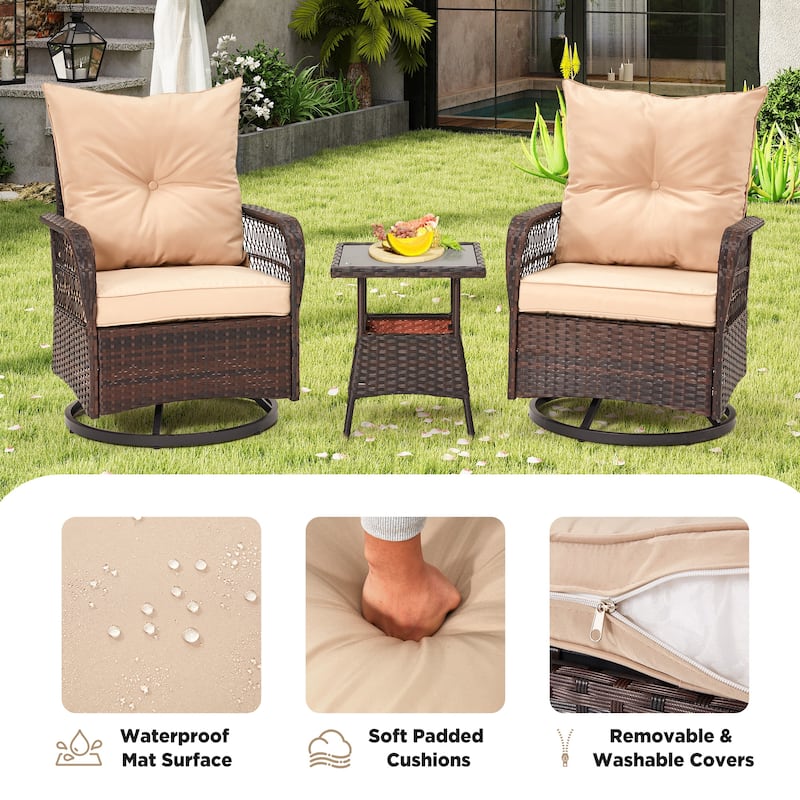 3-Piece Outdoor Rocking/Swivel Chair Set - PE Rattan Patio Furniture with Cushions & Coffee Table, Rocker Chairs for Backyard