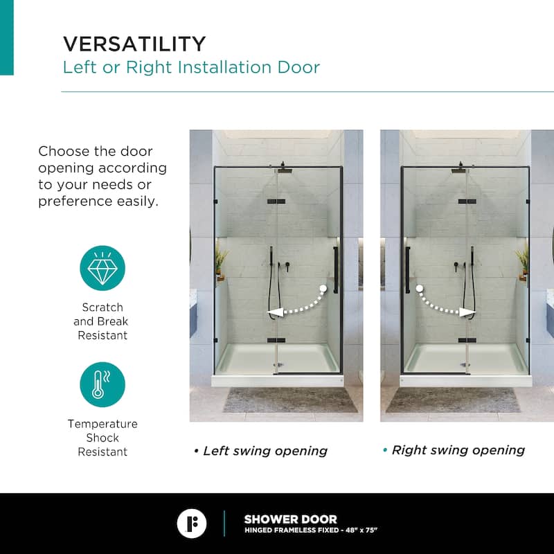 Fine Fixtures Hinged Clear Frameless Glass Shower Door Enclosure
