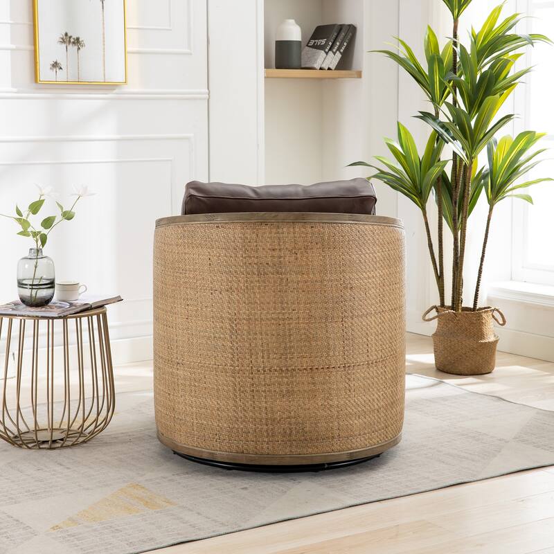 High Back 360 Degree Swivel Barrel Chairs, Leather Material Leisure Arm Chair Living Room Comfy Round Accent Sofa Chair
