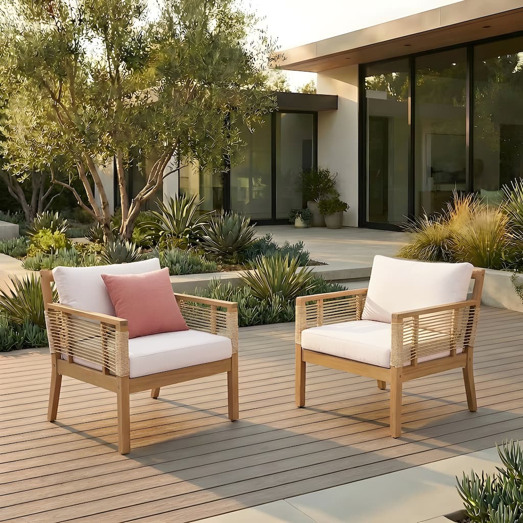 Roomfitters Set of 2 Patio Club Chairs, Outdoor Wood Lounge Chair with Upholstered Cushions, Rope Weave, Teak+ Beige
