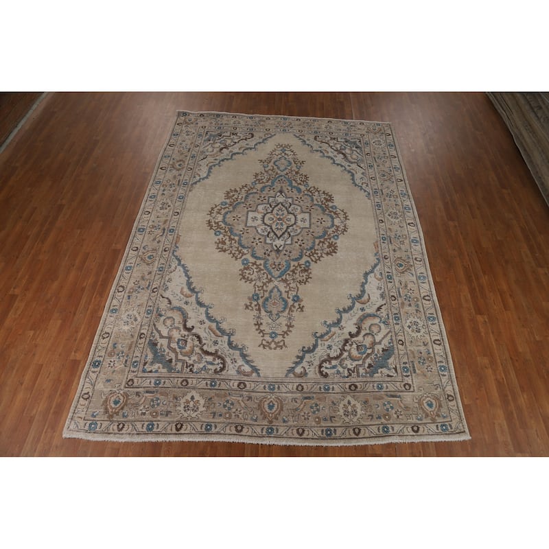 Hand Knotted Oriental 100% Wool Carpet Traditional Medallion Beige & Ivories Tabriz Area Rug - 11' 7'' X 8' 4''