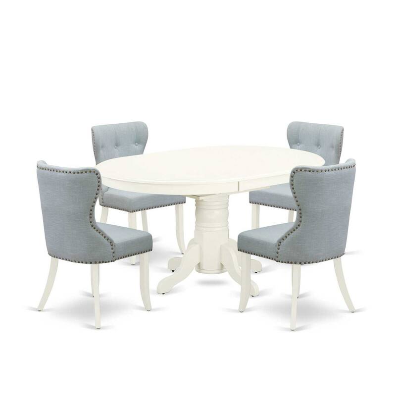 HomeStock 5-Piece Oval Linen White Finish Solid Wood Top Dining Table with 4 Parson Chair with Butterfly Leaf Lattice Back