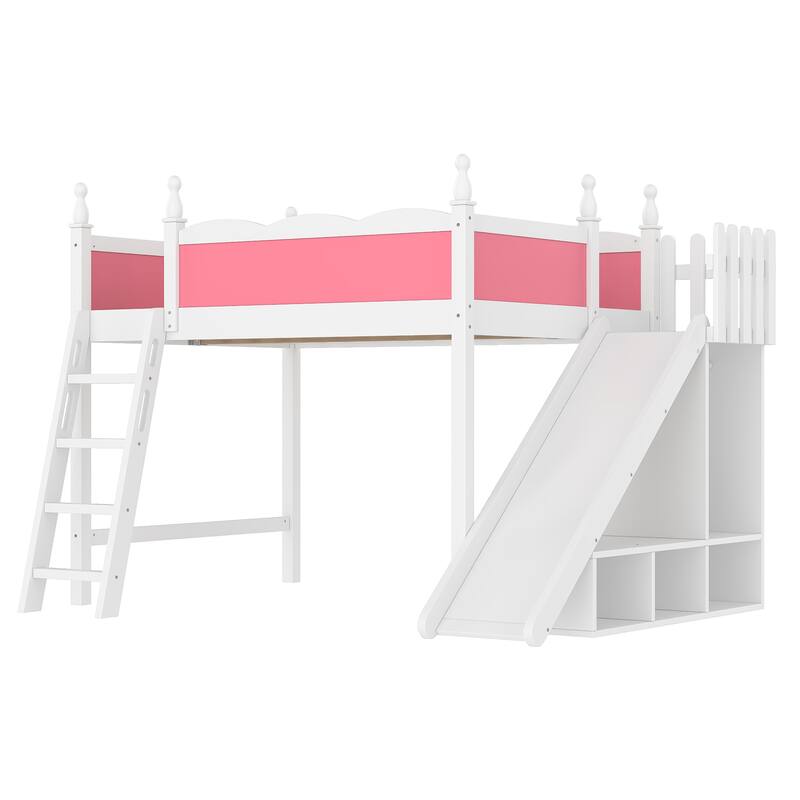 Full Loft Bed with Storage Shelves and Wardrobe, Solid Wood Loft Beds with Detachable Slide and Ladders, No Spring Box Needed