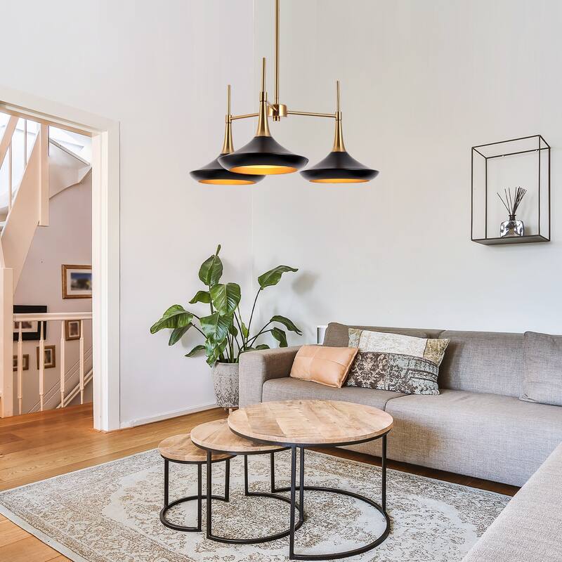 Conia Modern 3-Light Wheel Chandelier Black Gold Pendant for Dining Room - 25.2" D x 11.8" H