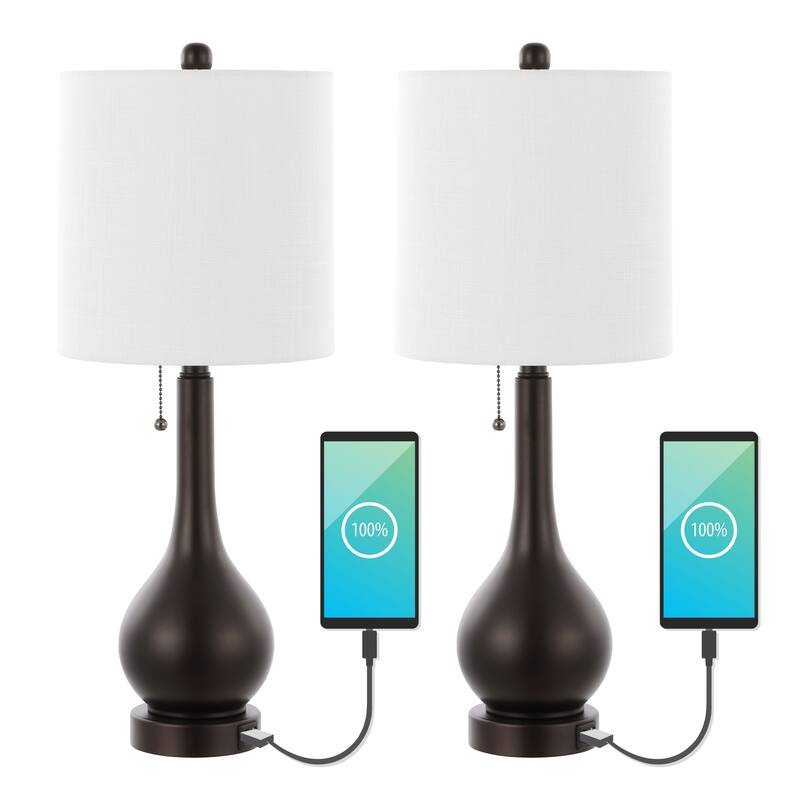 Grant 24" Modern Classic Gourd Iron LED Table Lamp with Pull-Chain with Dual USB Charging Port, by JONATHAN Y (Set of 2)