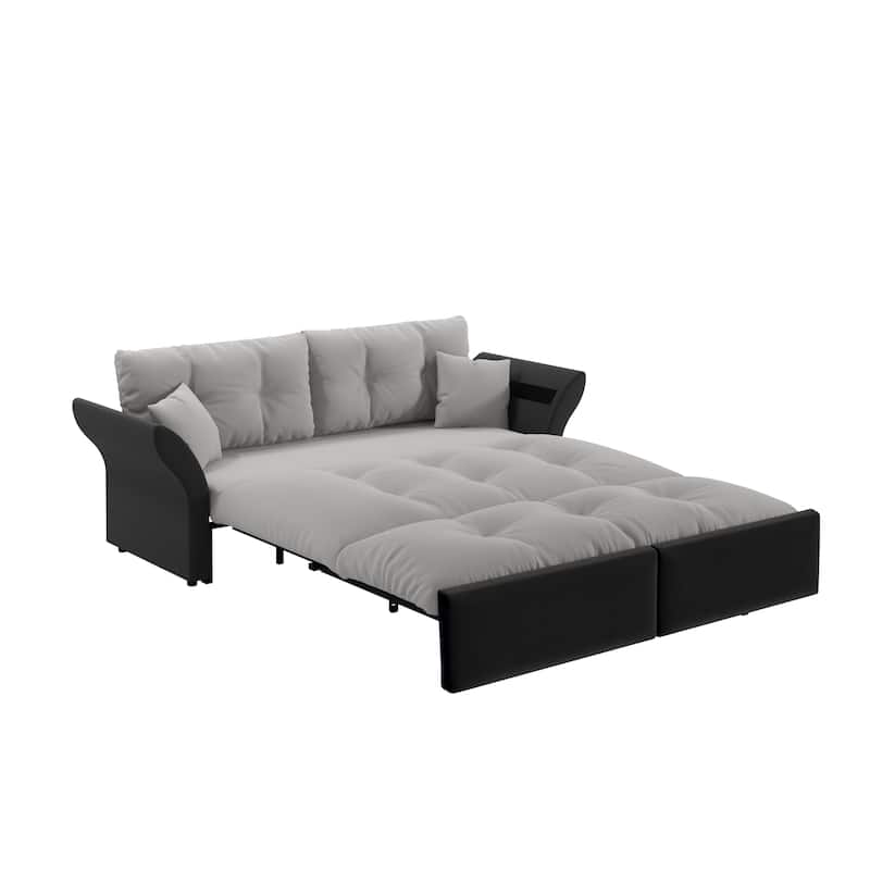 74.8" Velvet 3-in-1 Convertible Queen Sleeper Sofa with Pull-Out Bed and 2 Pillows, Multi-Functional Loveseat - Grey