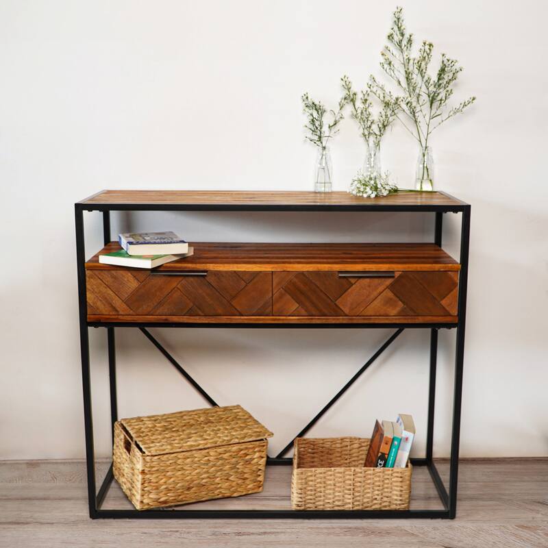 M4H Aarhus Brown Solid Wood Metal Console Table with Two Drawers