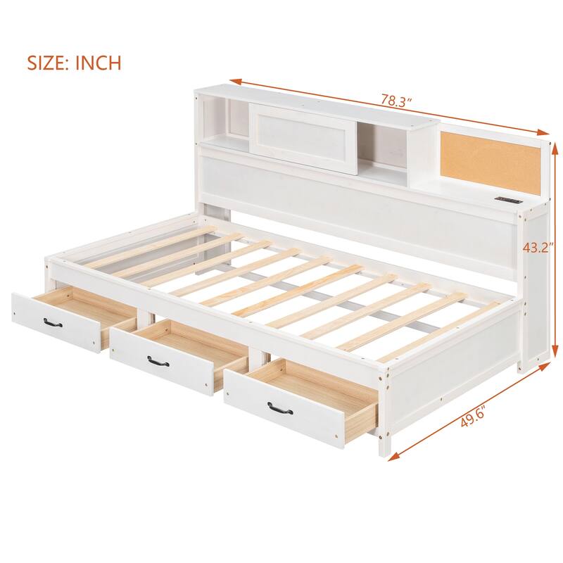 Twin Size Wooden Daybed with 3 Storage Drawers, Upper Soft Board, shelf, and a set of Sockets and USB Ports, White