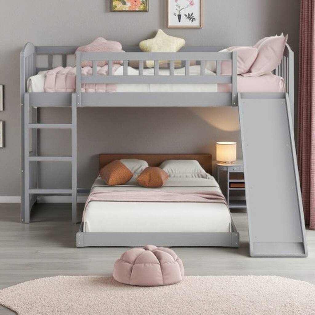Twin over Twin Bunk Bed with Slide and Reversible Ladder, Solid Wood Frame with Safety Rails, Space-Saving Kids Bed