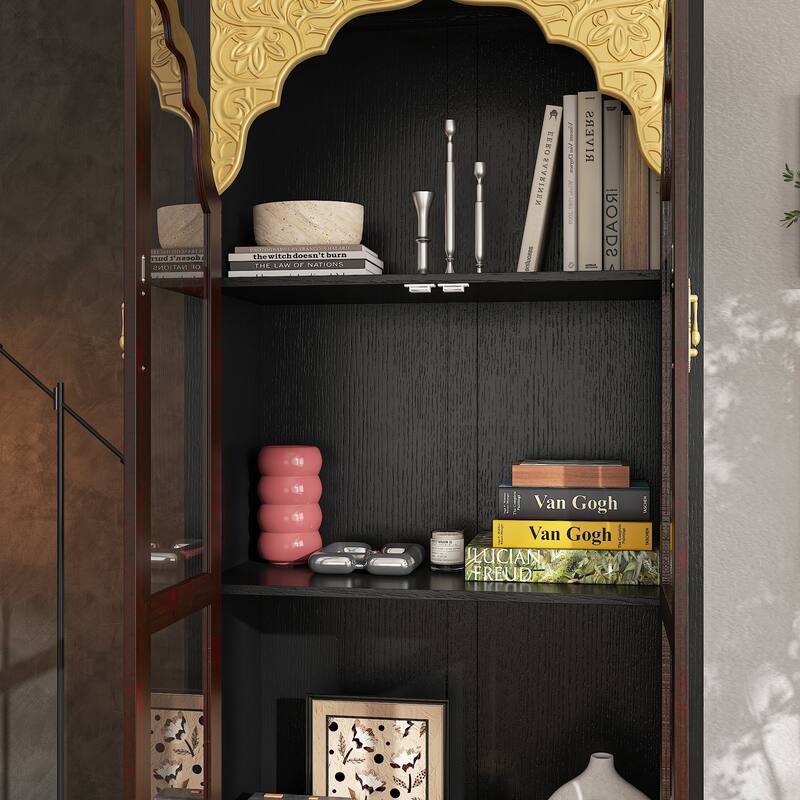 Boho Wood & MDF Display Cabinet with Tempered Glass Doors, Carved Arch Frame & Metal Handle Drawer