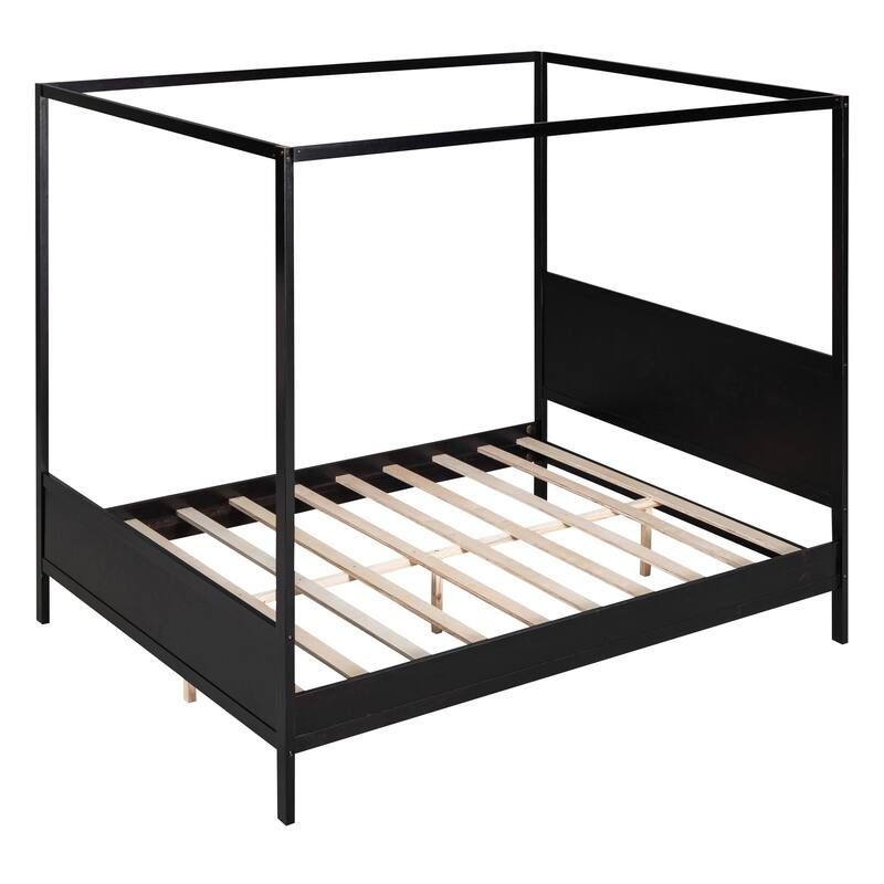 Queen Size Platform Bed Traditional-Modern Style Headboard and Footboard, Enhanced by Solid Wood Slats Support