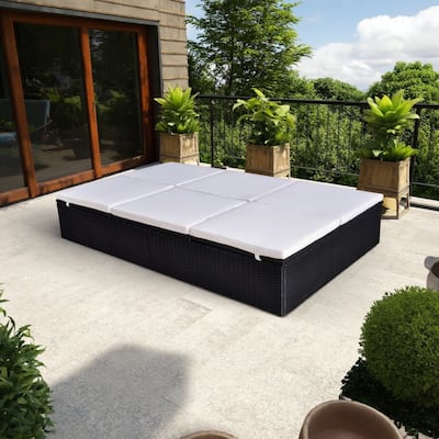 Double Sun Chaise Lounger, White Polyester, Black PE Rattan, 76 Inch