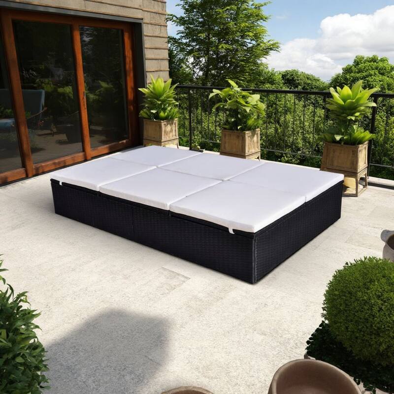 Double Sun Chaise Lounger, White Polyester, Black PE Rattan, 76 Inch