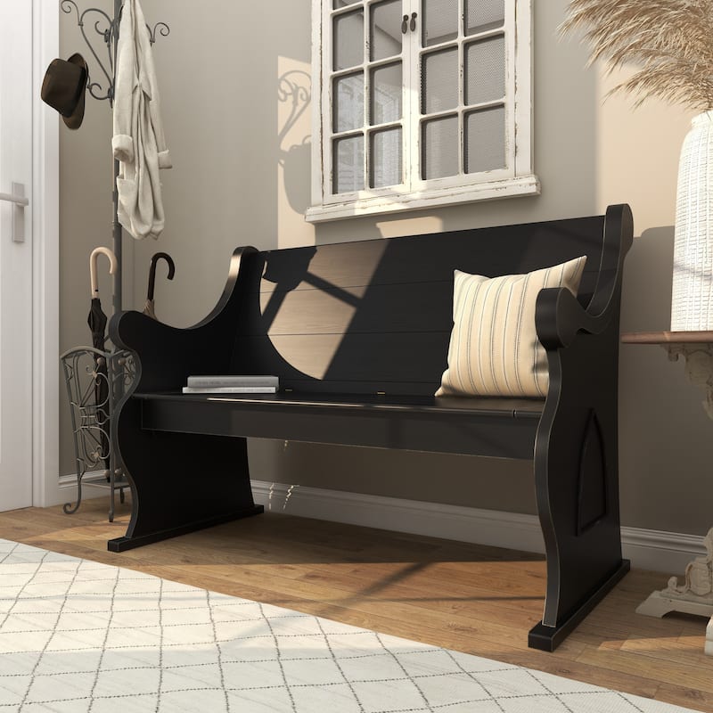 Black Wood Storage Bench with Scrolled Armrests