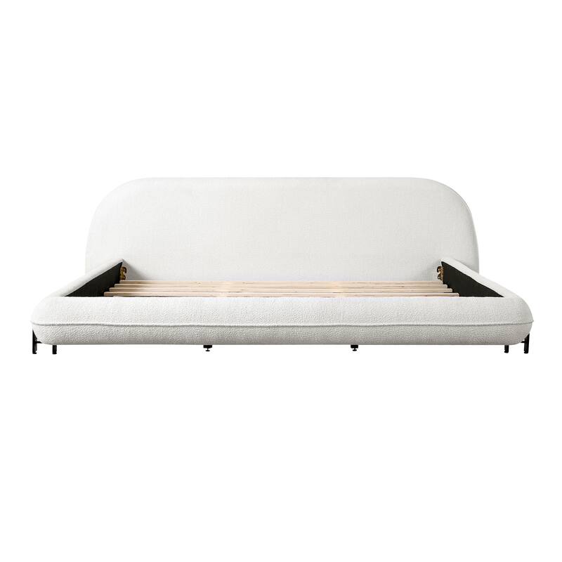 King Size Bed Frame with Boucle Fabric, Upholstered Platform Bed with Curve-Shaped Design & Thick Headboard, White