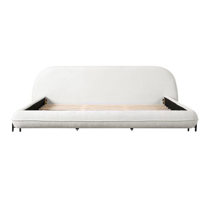 Upholstered Bed with Thick Headboard, Boucle Fabric Platform Bed Frame with Steel Legs, Wooden Slat Support