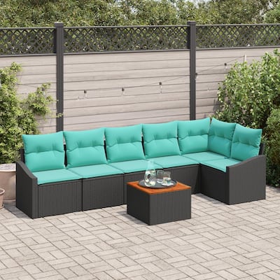 vidaXL 7 Piece Garden Sofa Set with Cushions Black Poly Rattan Acacia - 113.6×48.6×27.2