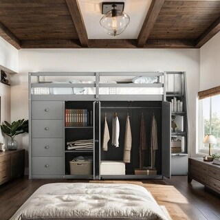 Full Size Wood Loft Bed With Wardrobes, Cabinets and Drawers, Gray