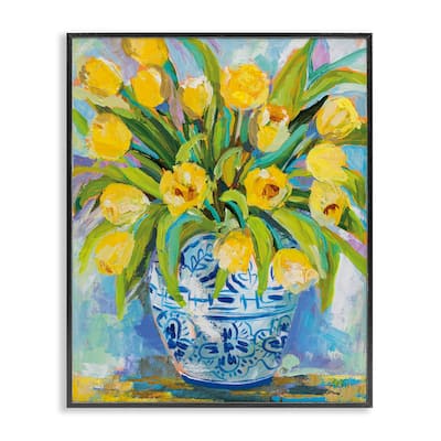 Stupell Expressive Yellow Tulips in Ornate Blue Vase Painting Framed Wall Art