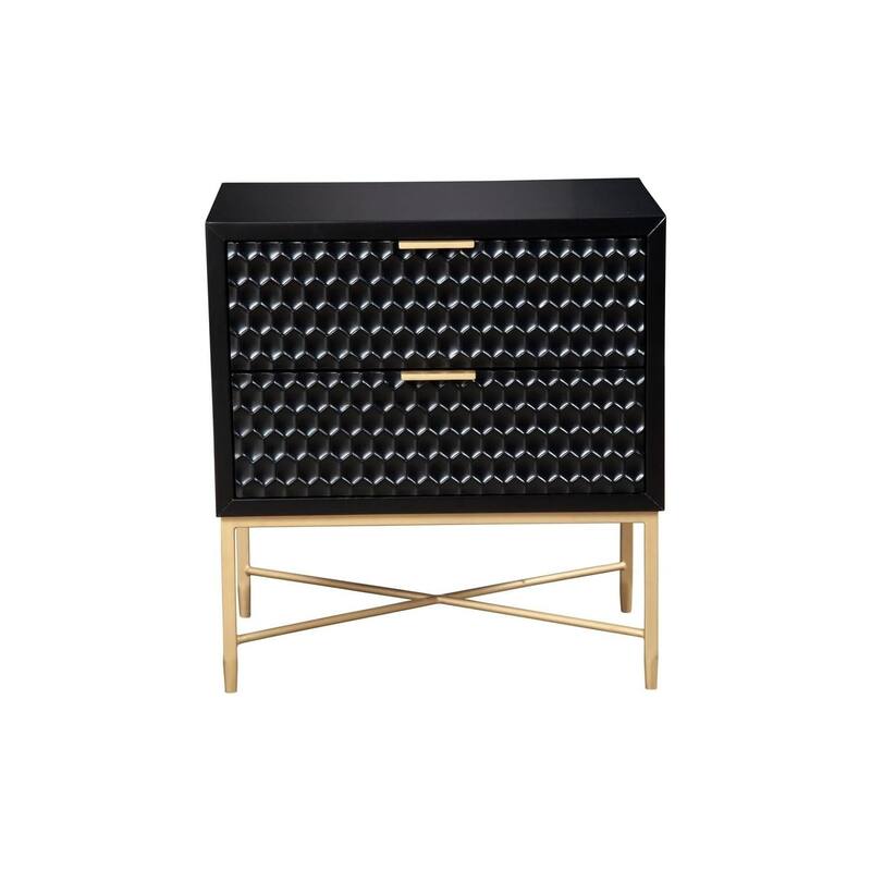 Two Drawer Nightstand with Textured Fronts, Gold Handles, and Black Pearl Contemporary Styling
