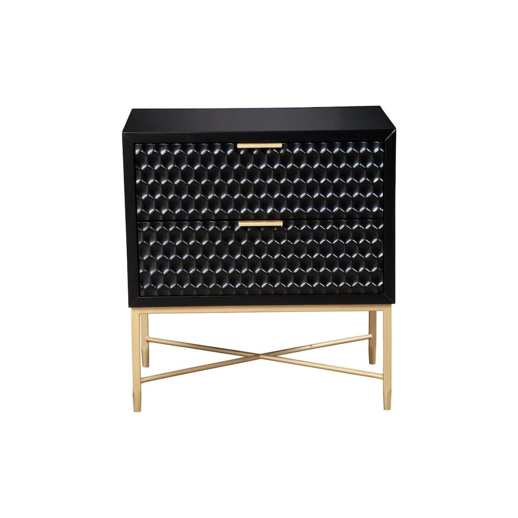 Two Drawer Nightstand with Textured Fronts, Gold Handles, and Black Pearl Contemporary Styling