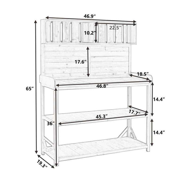 65" Large Patio Wooden Workstation Garden Potting Bench Table with 4 Storage Shelves and Side Hook