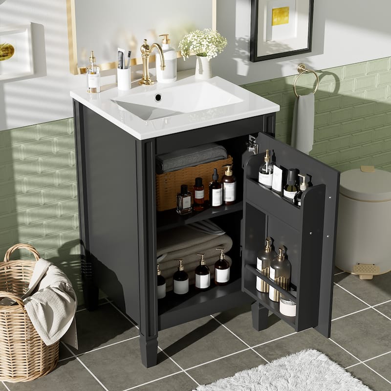 20"Bathroom Vanity with Ceramic Sink,Soft Close Door,Adjustable U-Shaped Shelf,Door Storage Rack,Modern Freestanding Cabinet