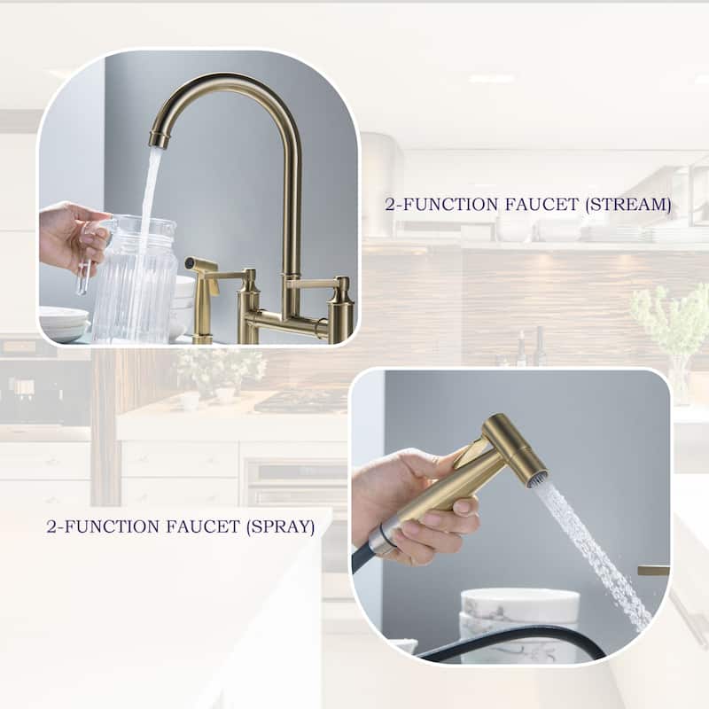 Farmhouse 2-Handle Bridge Gold/Black Kitchen Faucet with 28'' Side Sprayer in Stainless Steel & Brass