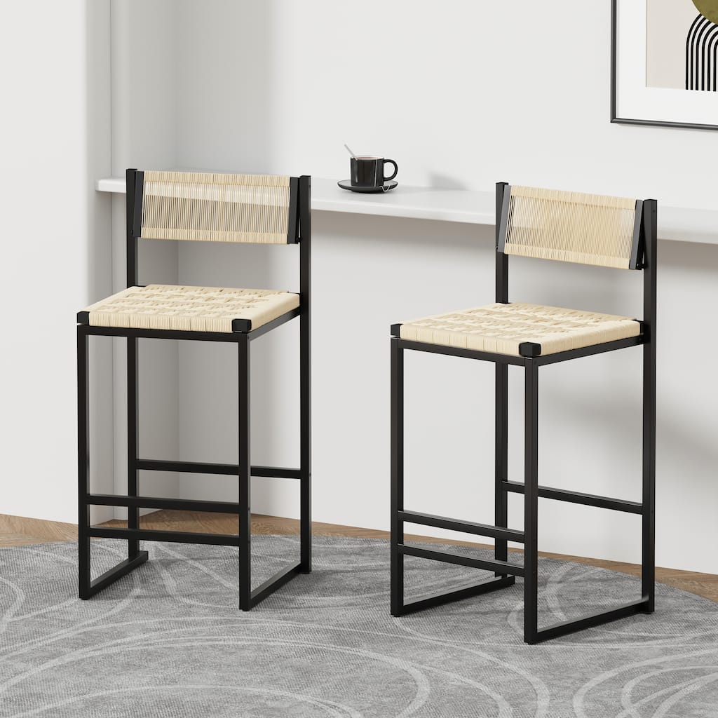 GDFStudio - Riviera Modern Handwoven Paper Rope Counter Height Bar Stool with Metal Frame & Backrest, Set of 2 - 34.84"H