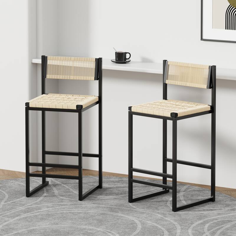 Set of 2 Woven Bar Stools with Backrest Paper Rope Weave Dining Chairs for Kitchen Island (Style B Black & Creamy White) - Creamy White