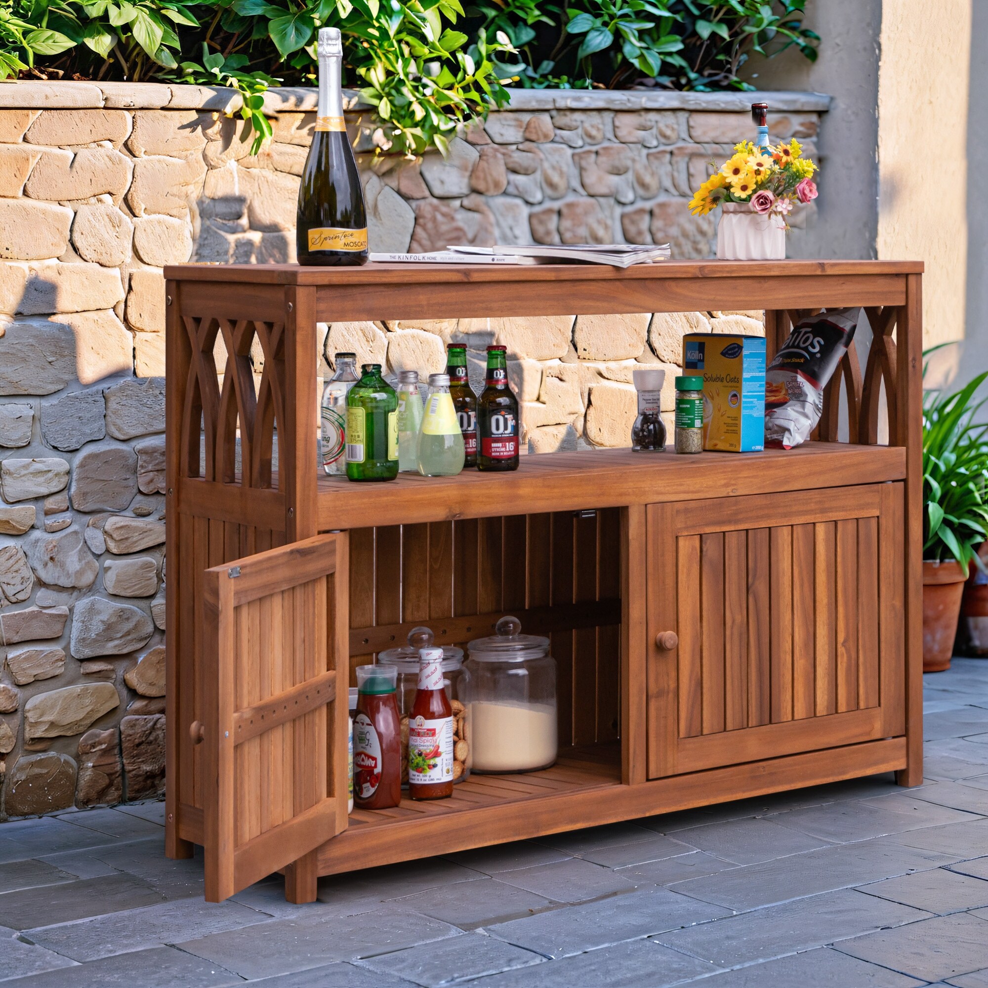 Furniwell Patio Wood Acacia Buffet Sideboard with Storage Outdoor Wooden Cabinet with Shelves On Sale Bed Bath Beyond 40372624
