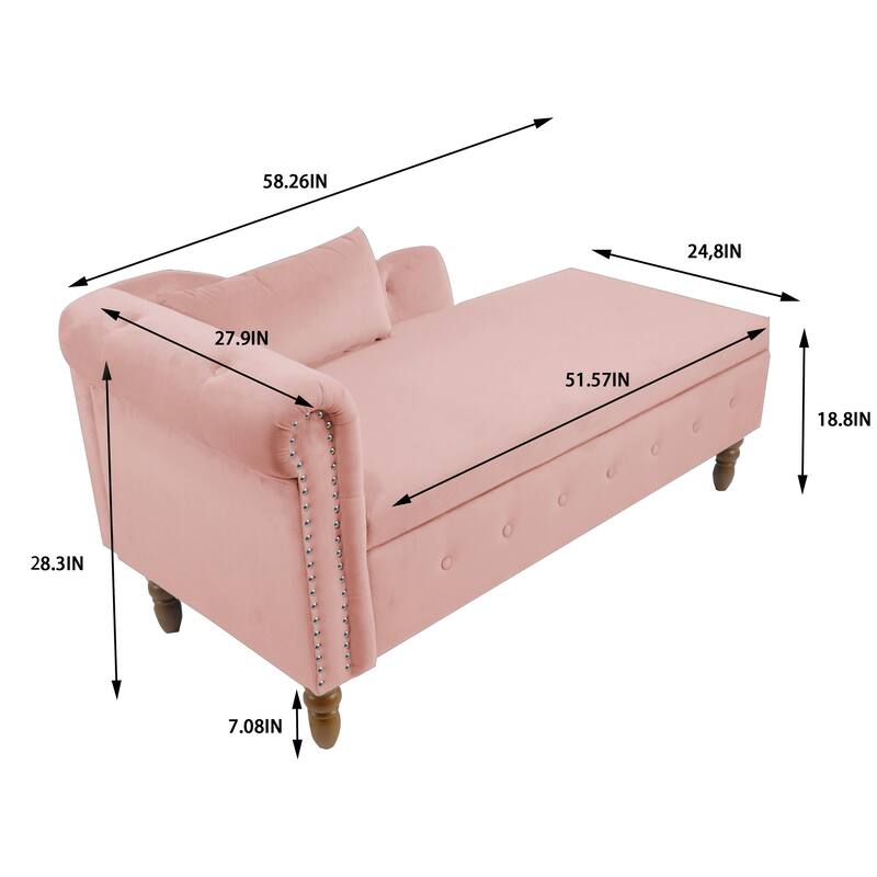 Velvet Upholstered Rolled Arm Chaise Lounge with Storage and Pillow