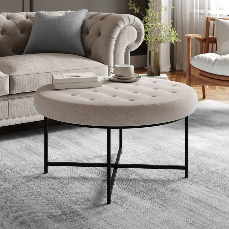 Round Cotton Linen Tufted Ottoman with Metal Frame - Gray