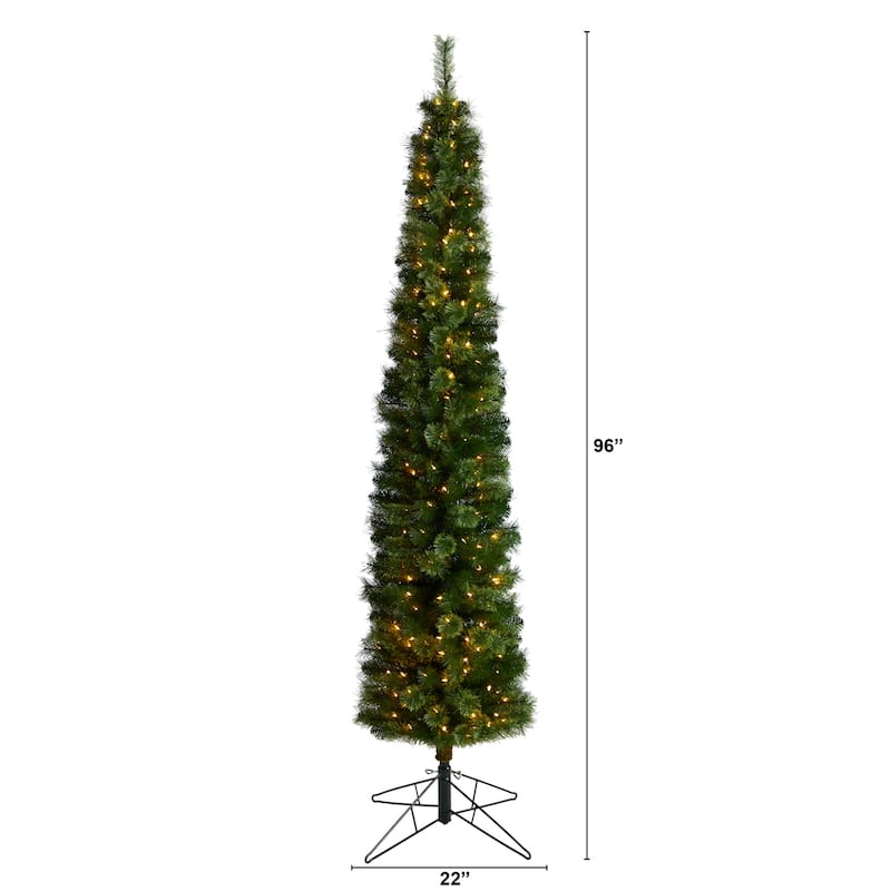 8ft. Green Pencil Artificial Christmas Tree with 200 Clear Multifunction LED Lights & 402 Branches - Sleek Festive X-Mas Tree