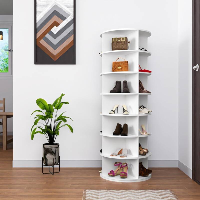 7 Tier Rotating Shoe Rack Tower, Spinning Shoe Display, Vertical Handbag Rotate Shoes Closet Organization - White